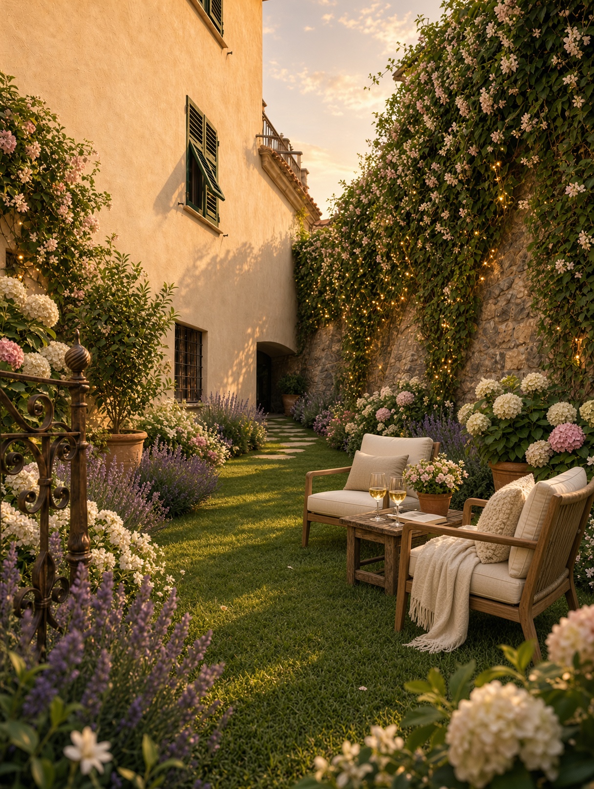Giardino di Villa Rocca al tramonto, con prato, poltrone in legno e rampicanti fioriti sul muro in pietra