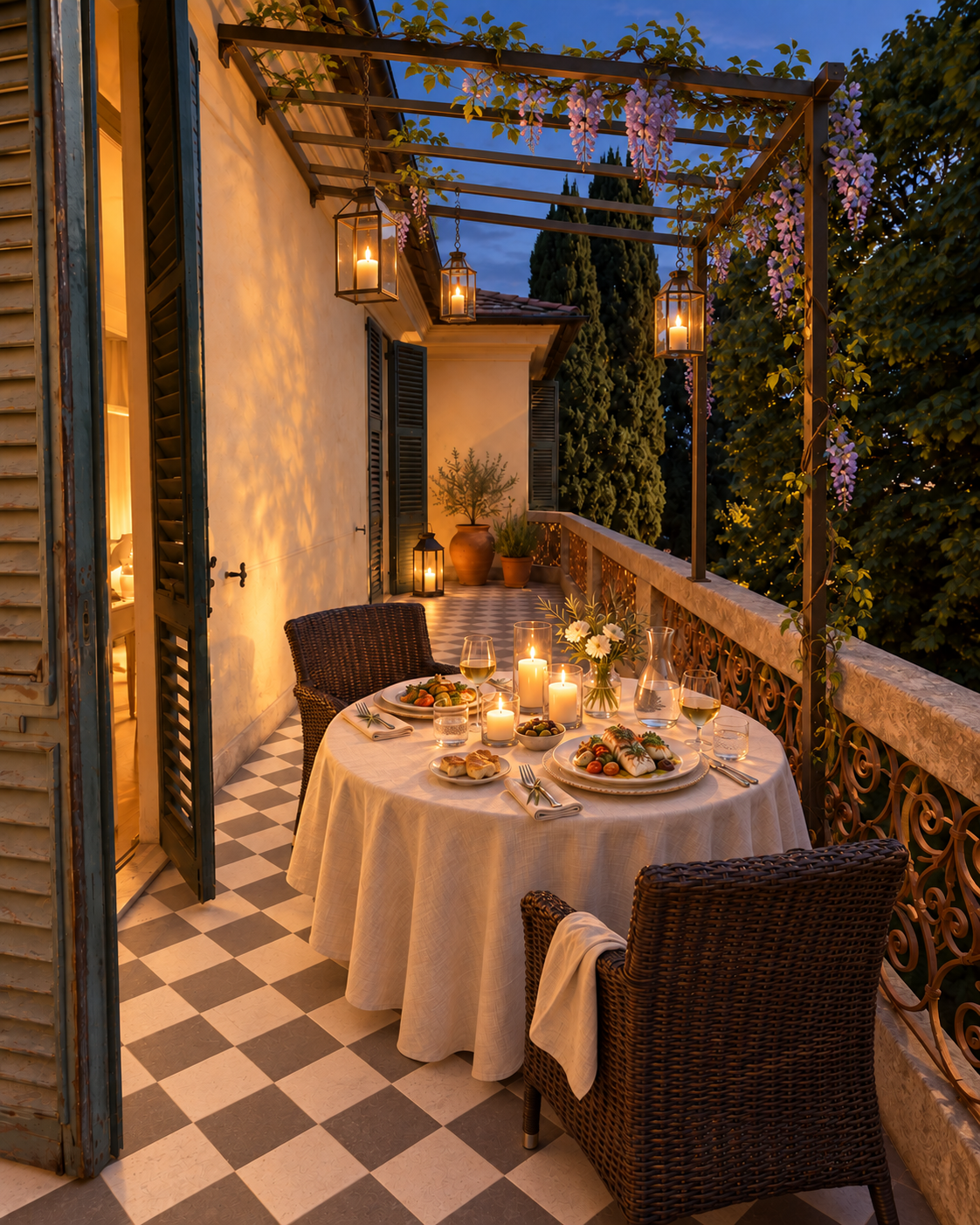 Terrazza di Villa Rocca al crepuscolo, con tavolo apparecchiato per due, candele e glicine sulla pergola